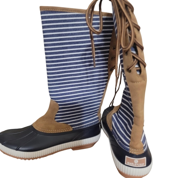 NWT Marley Lilly Tall Duck Boots Back Lace Up Blue White Stripe Size 10 - Picture 1 of 7